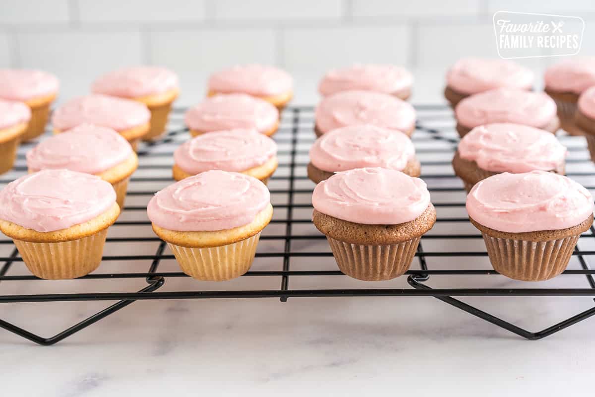 Vanilla and Chocolate Mini Cupcakes frosted with Raspberry Frosting