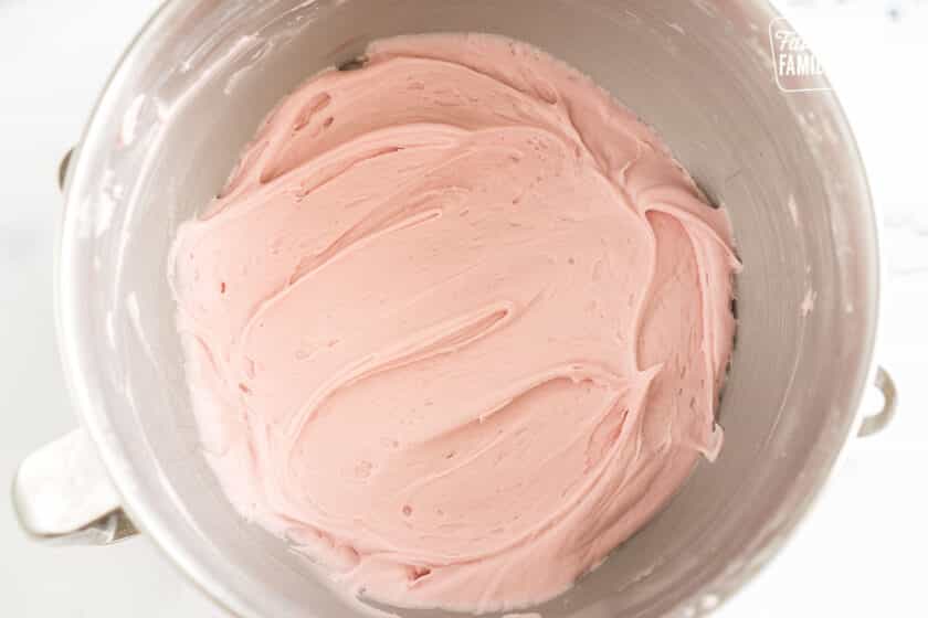 Raspberry Frosting in a mixing bowl