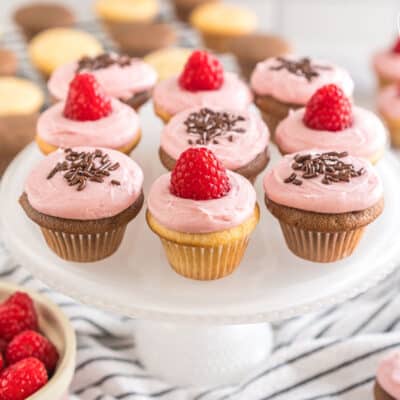Vanilla and chocolate mini cupcakes frosted with raspberry frosting and topped with raspberries and chocolate sprinkles on a cake plate