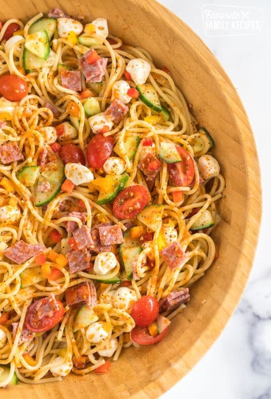 Spaghetti Pasta Salad in a large wooden bowl