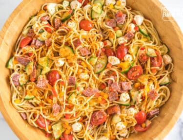 Spaghetti Pasta Salad in a large wooden bowl