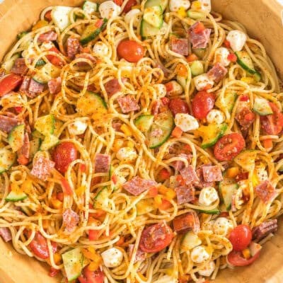 Spaghetti Pasta Salad in a large wooden bowl