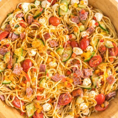 Spaghetti Pasta Salad in a large wooden bowl