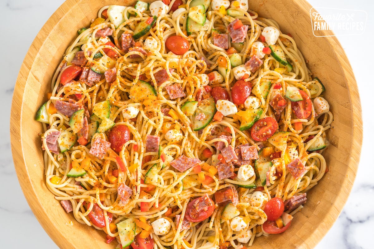 Spaghetti Pasta Salad in a large wooden bowl