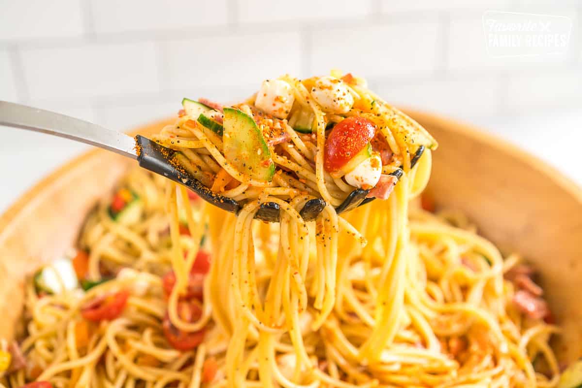 A scoop of Spaghetti Pasta Salad