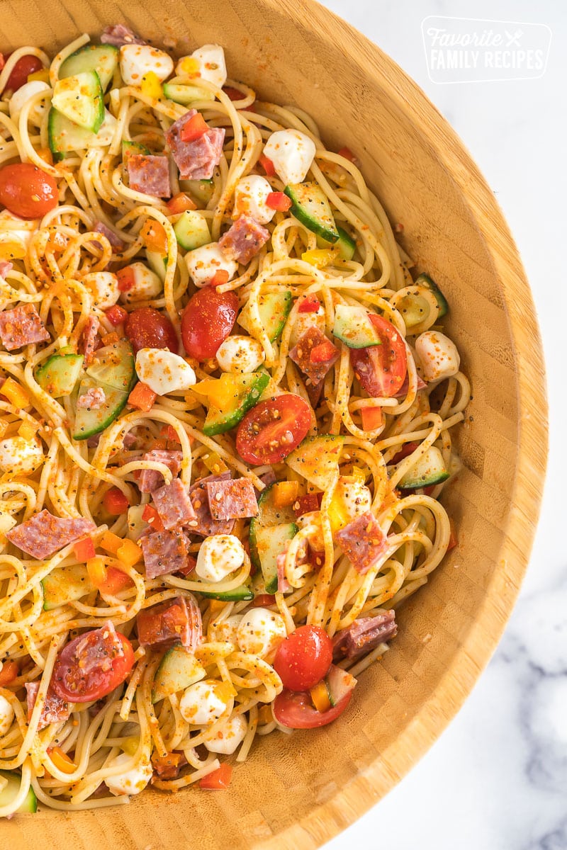 Spaghetti Pasta Salad in a large wooden bowl