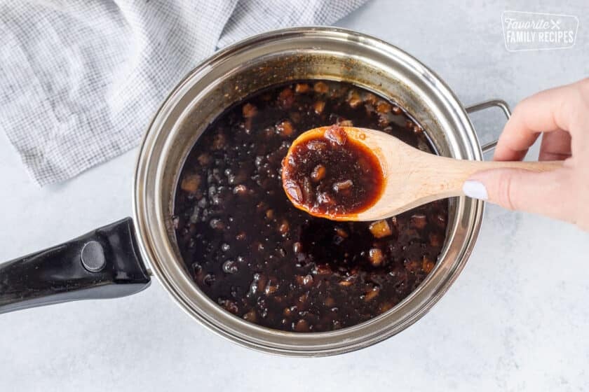 Pan with thickened teriyaki sauce.