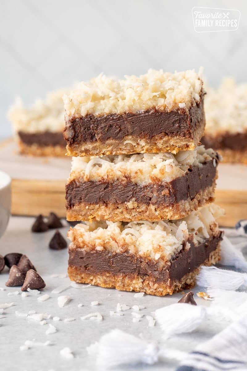 Stacked Coconut Fudge Cookie Bars.