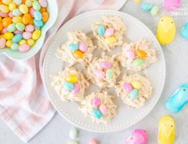 Plate with White Chocolate Bird Nests topped with colorful jellybeans.