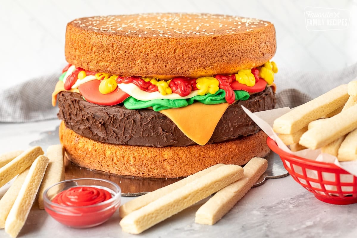 Hamburger Cake with cookie fries and red frosting.