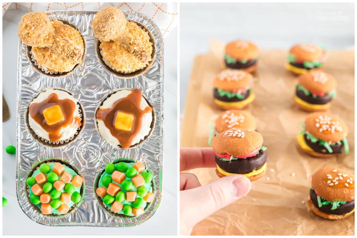 Two photos of cupcakes and cookies that look like mashed potatoes, vegetables, and hamburgers. 
