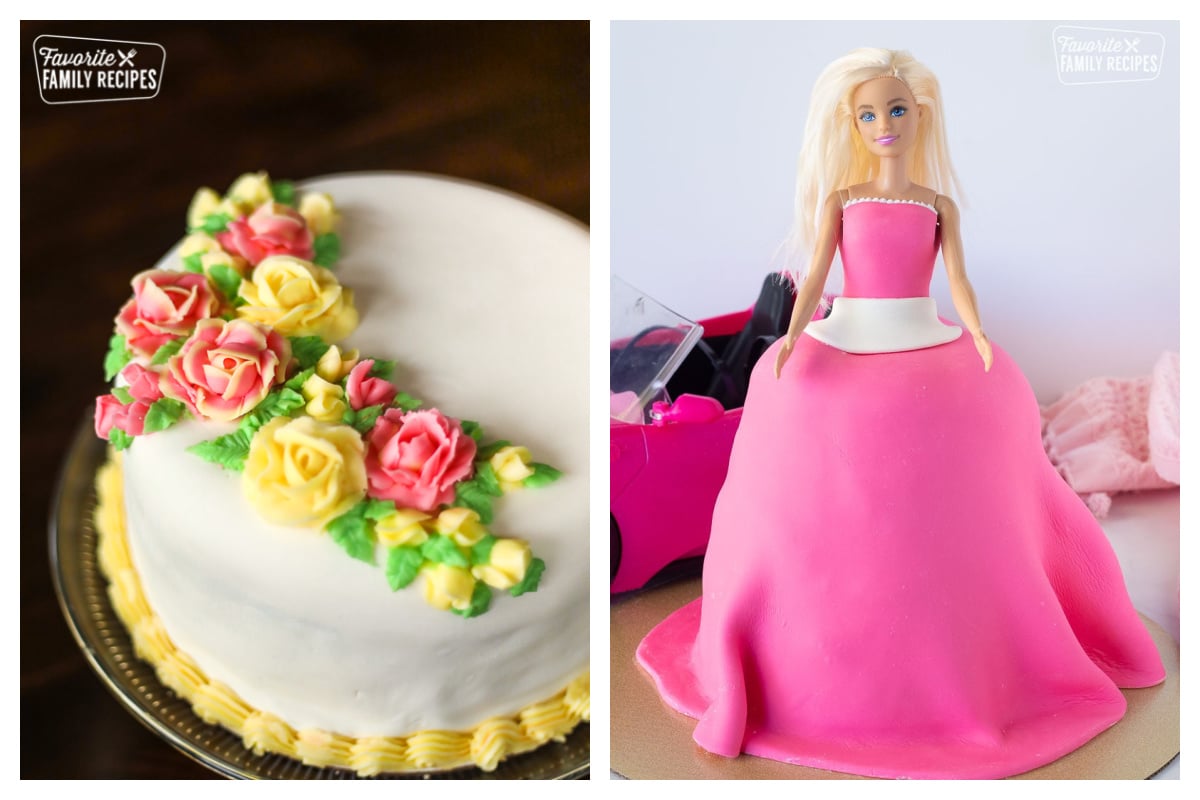 Two cakes made with fondant - a round layered cake with pink and yellow flowers and a Barbie cake.