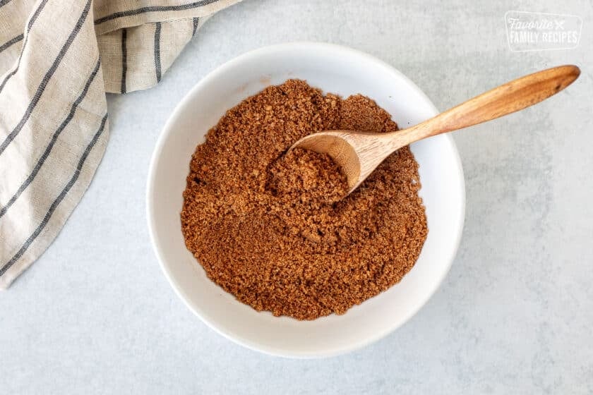 Glass bowl with combined spices and a wooden spoon.