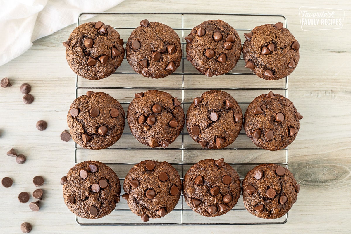 Cooling Healthy Chocolate Chip Muffins on a cooling rack.