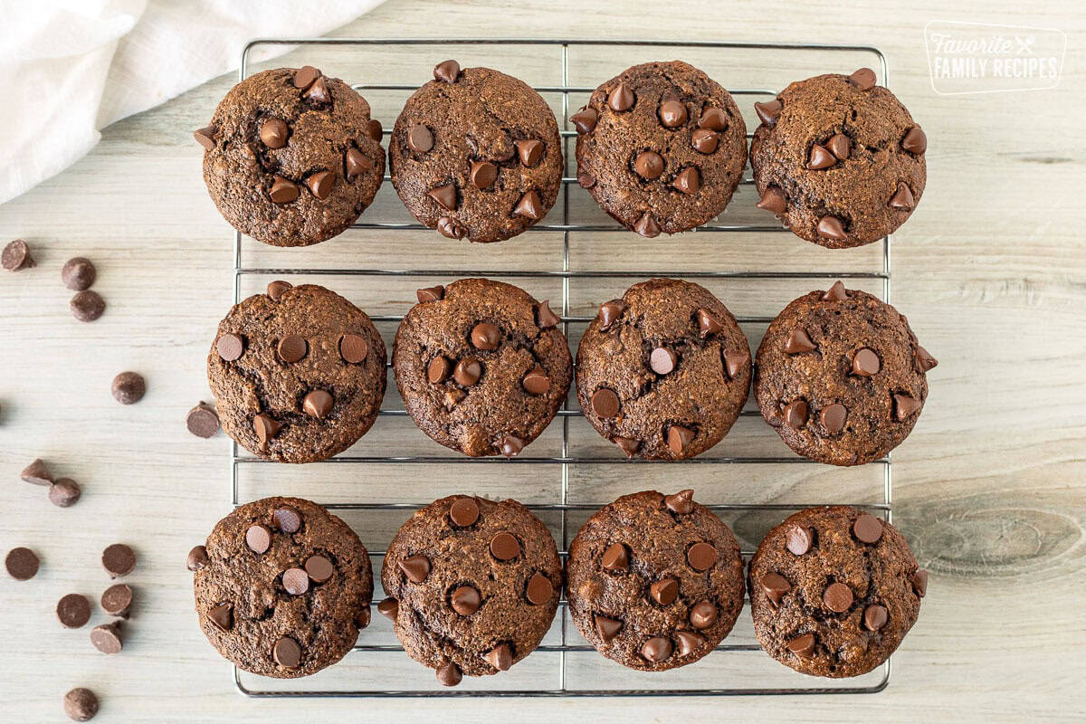 Cooling Healthy Chocolate Chip Muffins on a cooling rack.