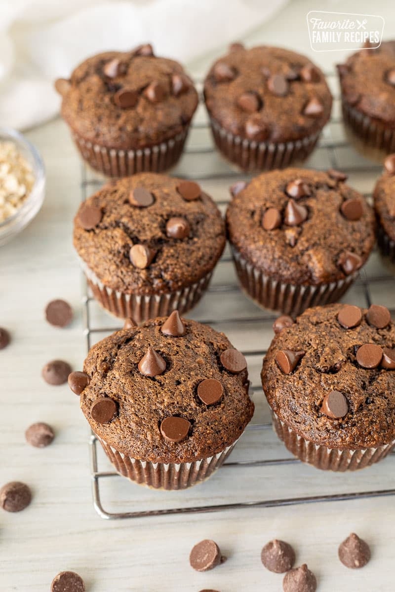 Healthy Chocolate Chip Muffins are the best thing to happen to breakfast at our house! More nutrients and less calories than Costco's popular muffins. And so easy to make! Healthy Chocolate Chip Muffins cooling on a wire rack.