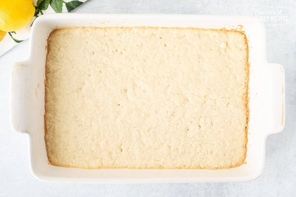 Baked crust in a glass baking dish.