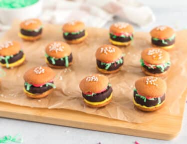 A board full of mini candy hamburgers