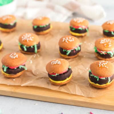A board full of mini candy hamburgers