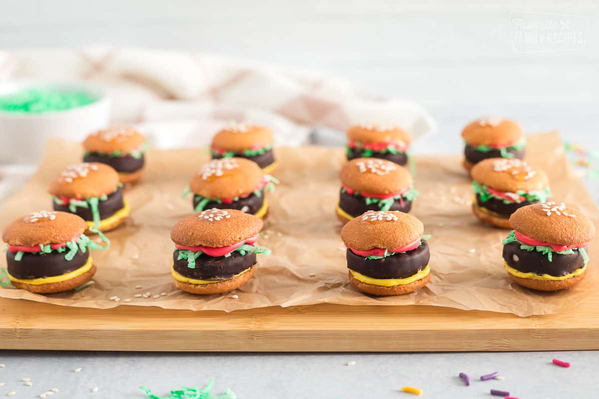 Cheeseburgers made out of vanilla wafers, peppermint patties, coconut, and frosting. 