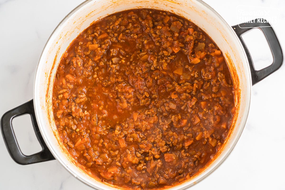 Bolognese sauce in a large pot