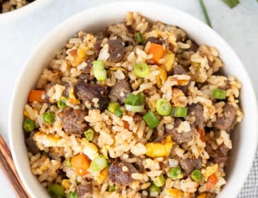 Bowl of Steak Fried Rice garnished with green onion.