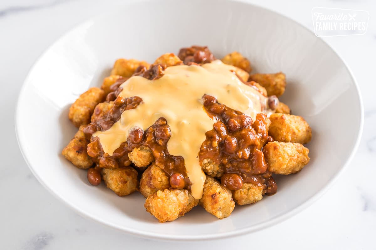 Tater Tots topped with chili and queso