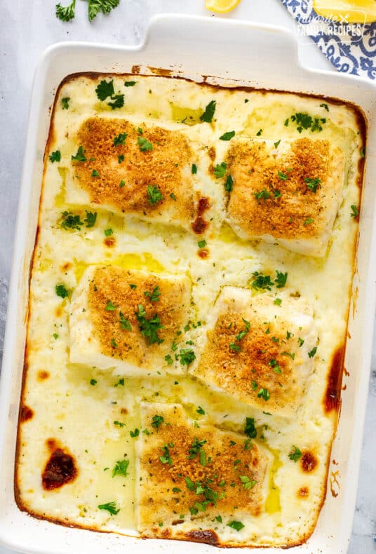 Baking dish with five pieces of of Baked Cod in Cream Sauce.