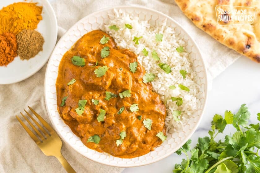 Butter Chicken with rice and cilantro
