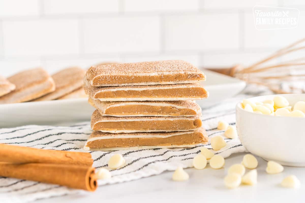 churro toffee broken in half and stacked