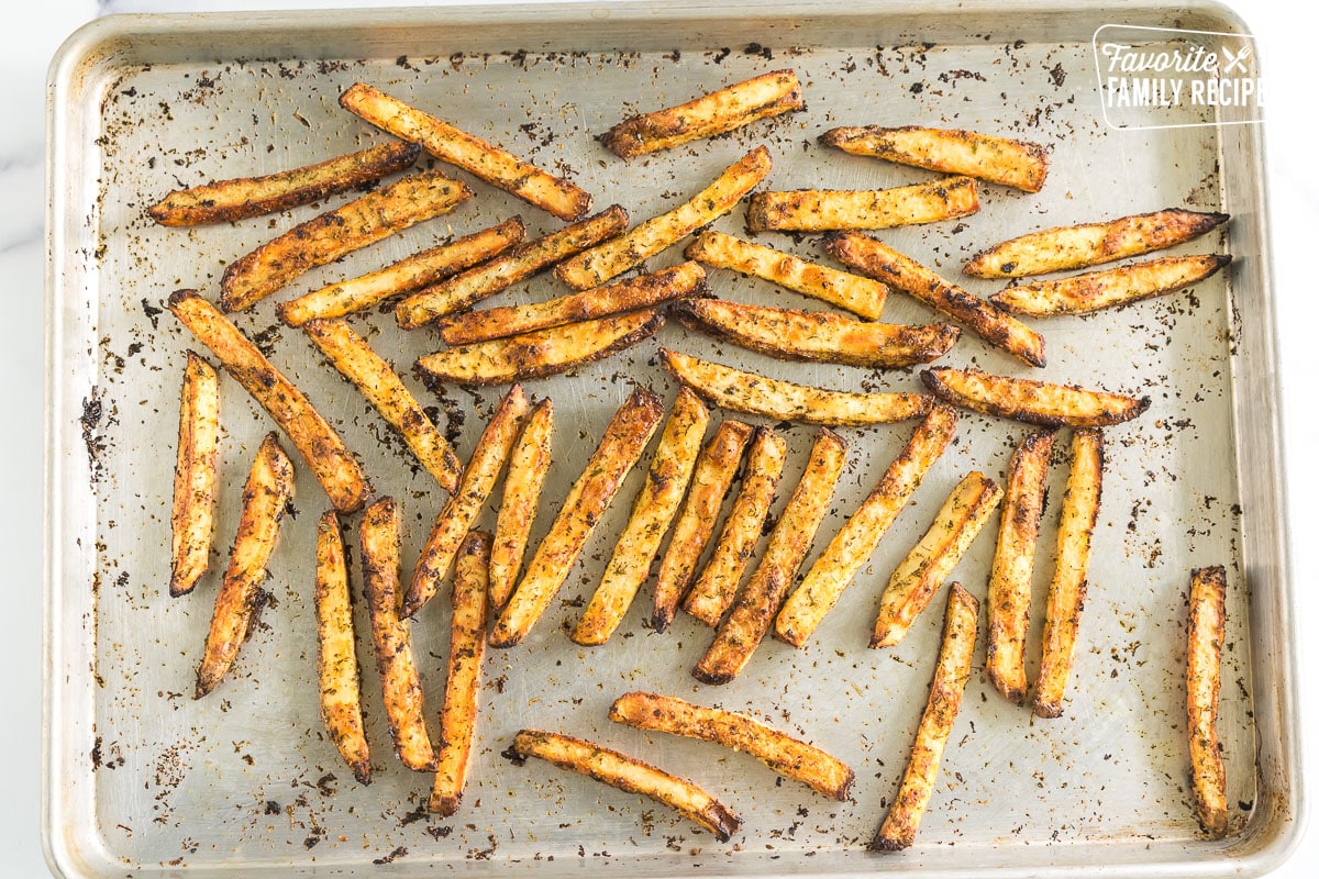 Cooked fries on a baking sheet