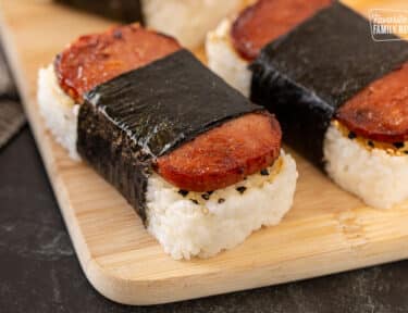 Close up of Spam Musubi on a cutting board.