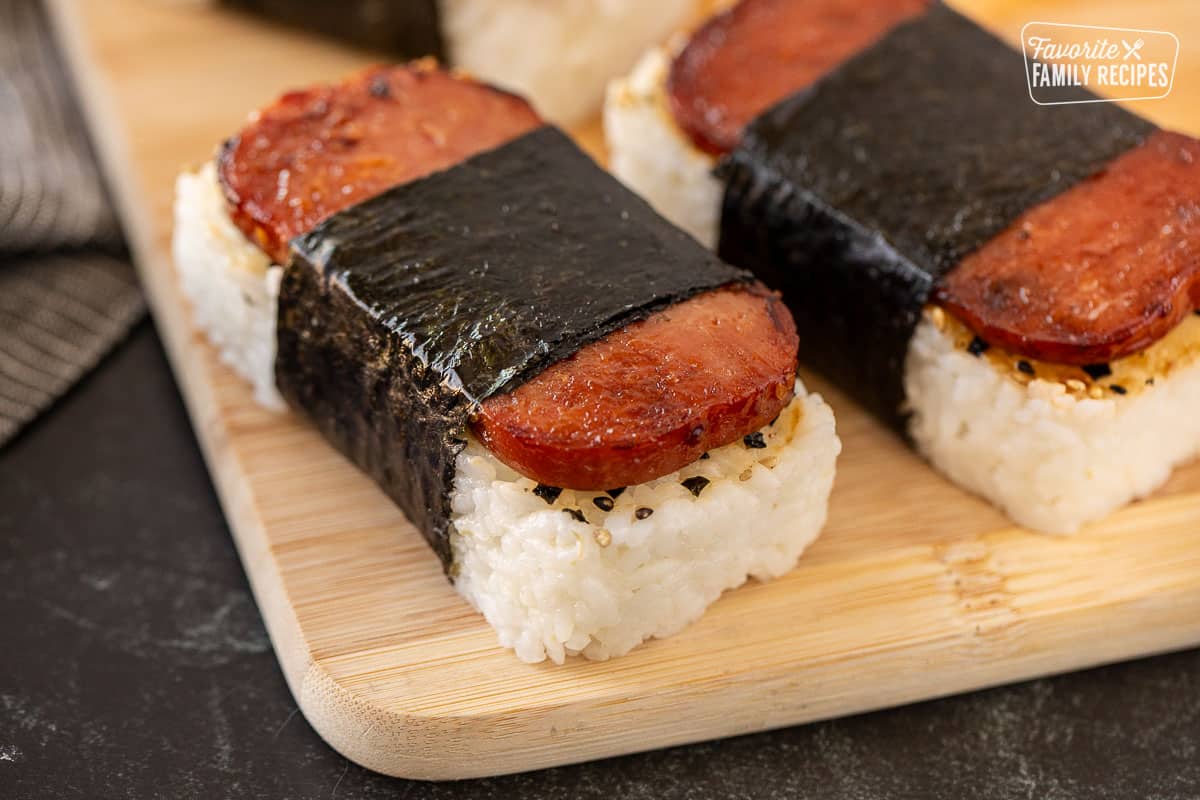 Close up of Spam Musubi on a cutting board.