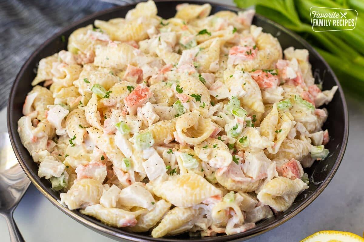 Large bowl of Crab Pasta Salad.