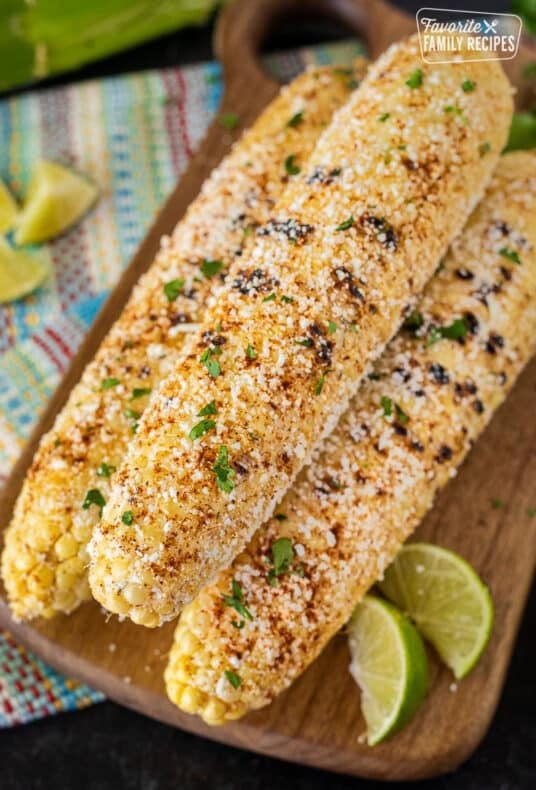 Three ears of Mexican Street Corn.