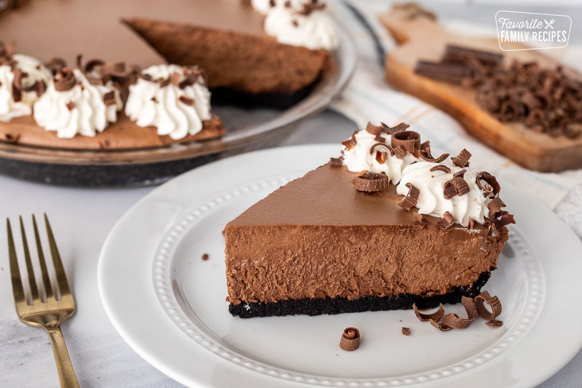 Plate with a slice of Chocolate Satin Pie.