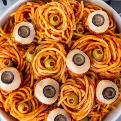 Bowl with Spaghetti and Eyeball meatballs.