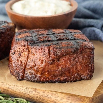 Grilled Filet Mignon with Blue Cheese sauce on the side.