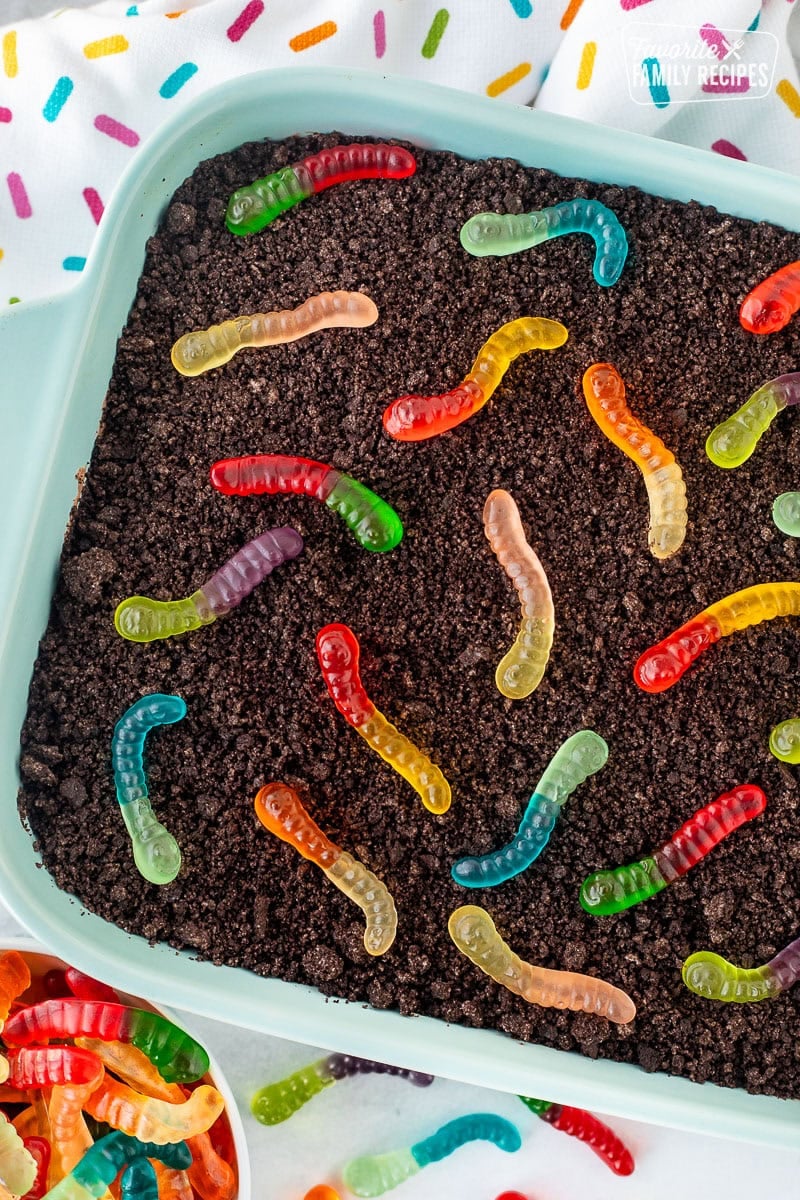 Dirt cake and worms in a glass dish
