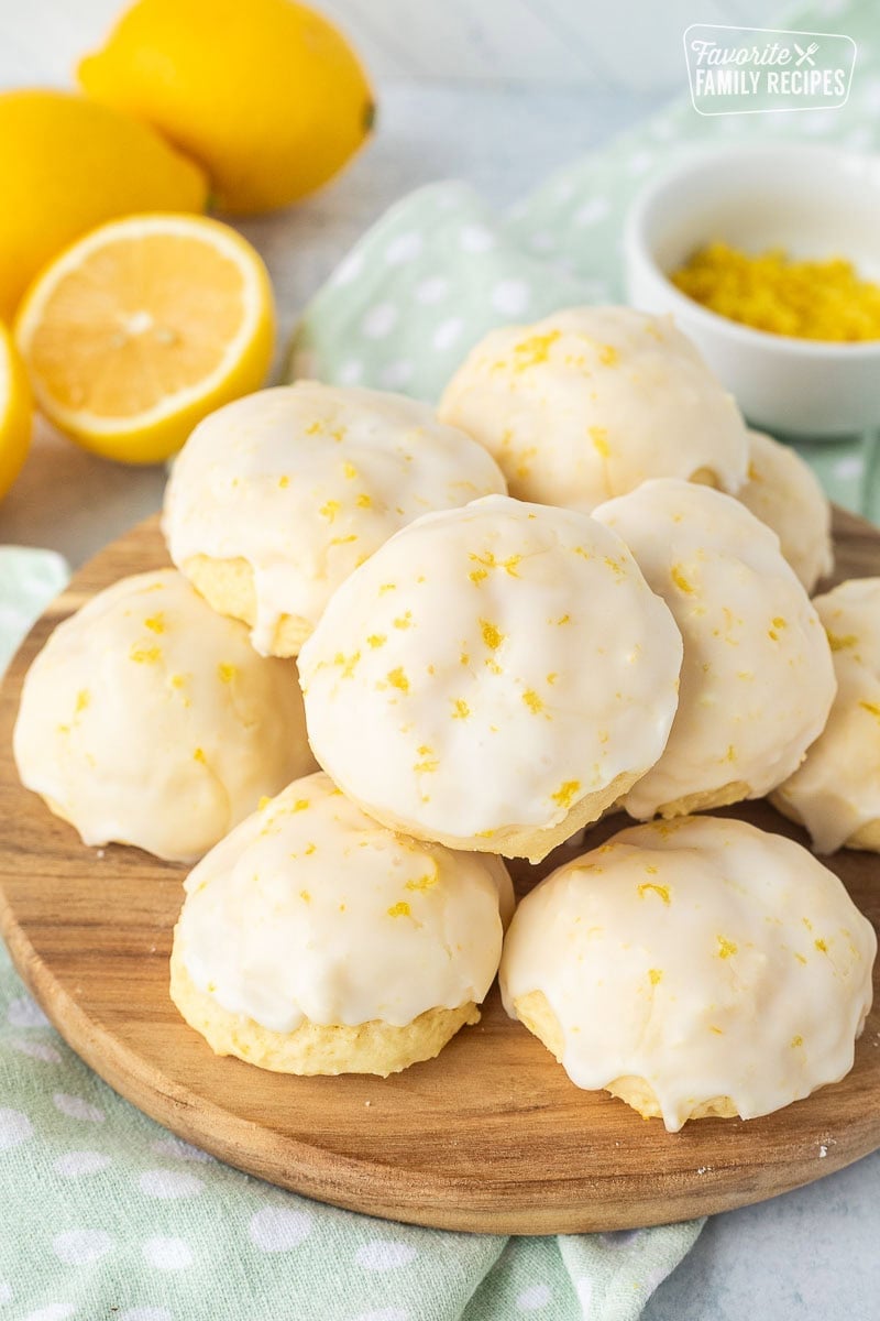 Stacked up Italian lemon cookies with a lemon icing and fresh lemon zest.