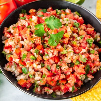 Bowl of fresh pico de Gallo with diced tomatoes, onions, cilantro and jalapeño. Garnished with cilantro.