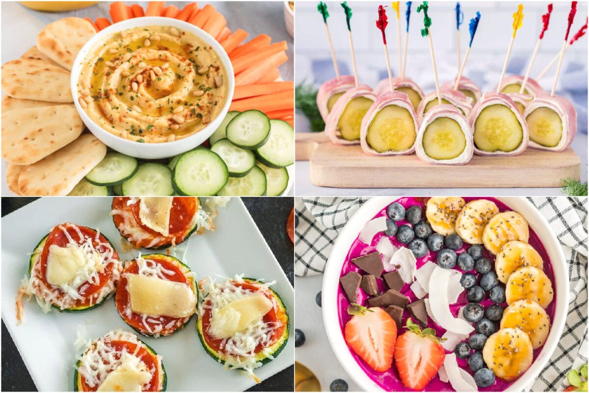 Snack Ideas for Kids featuring hummus and veggies, ham and pickle rolls ups, zucchini bites, and an acai bowl.