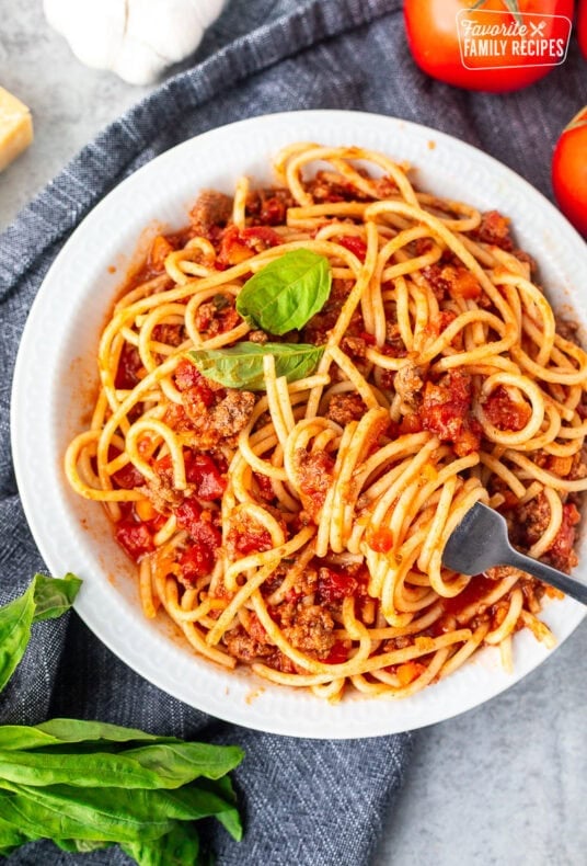 Twirled fork of Nick's Authentic Italian Spaghetti.