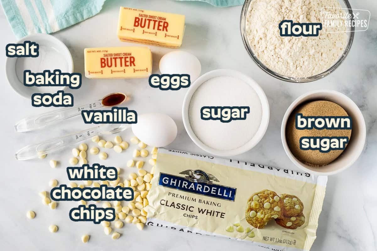 ngredients to make White Chocolate Chip Cookies including butter, salt, baking soda, eggs, vanilla, almond extract, flour, sugar, brown sugar and Vanilla baking chips.