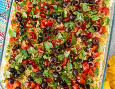 Seven layer bean dip with refried beans, guacamole, sour cream, salsa, shredded cheese, tomatoes, sliced black olives and cilantro.