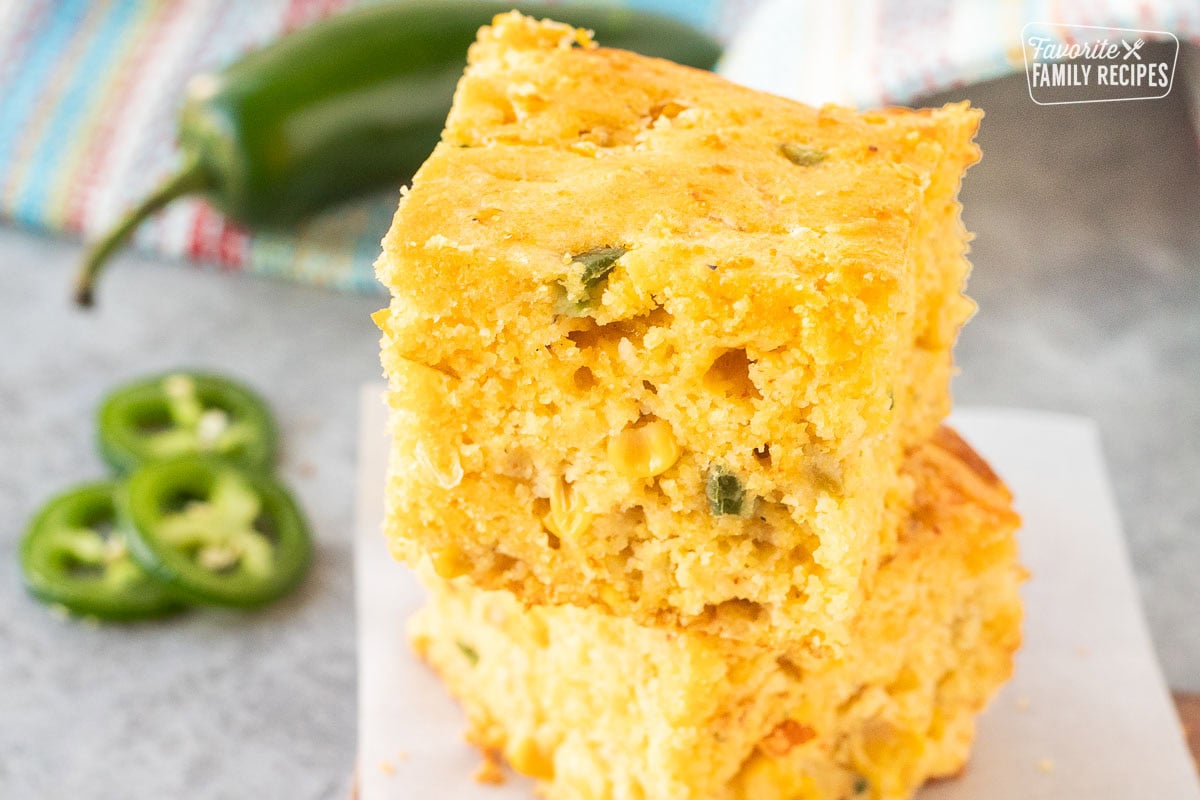 Close-up of Mexican cornbread slice.