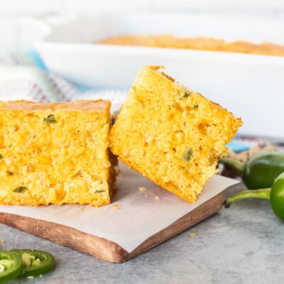 Two pieces of Mexican cornbread side-by-side.