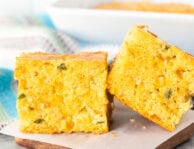 Two slices of Mexican cornbread side-by-side.