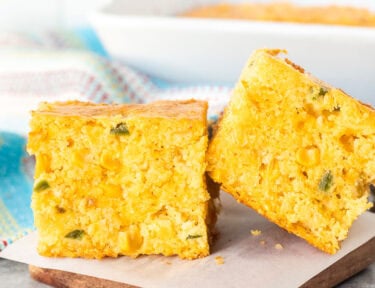 Two slices of Mexican cornbread side-by-side.