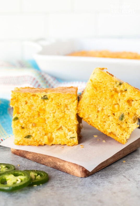 Two slices of Mexican cornbread side-by-side.